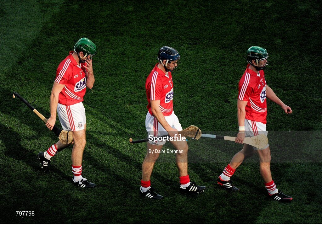 28 September 2013; The Cork half-back line, left to right, William Egan, Christopher Joyce, and Brian Murphy, during the parade. GAA Hurling All-Ireland Senior Championship Final Replay, Cork v Clare, Croke Park, Dublin. Picture credit: Daire Brennan / SPORTSFILE