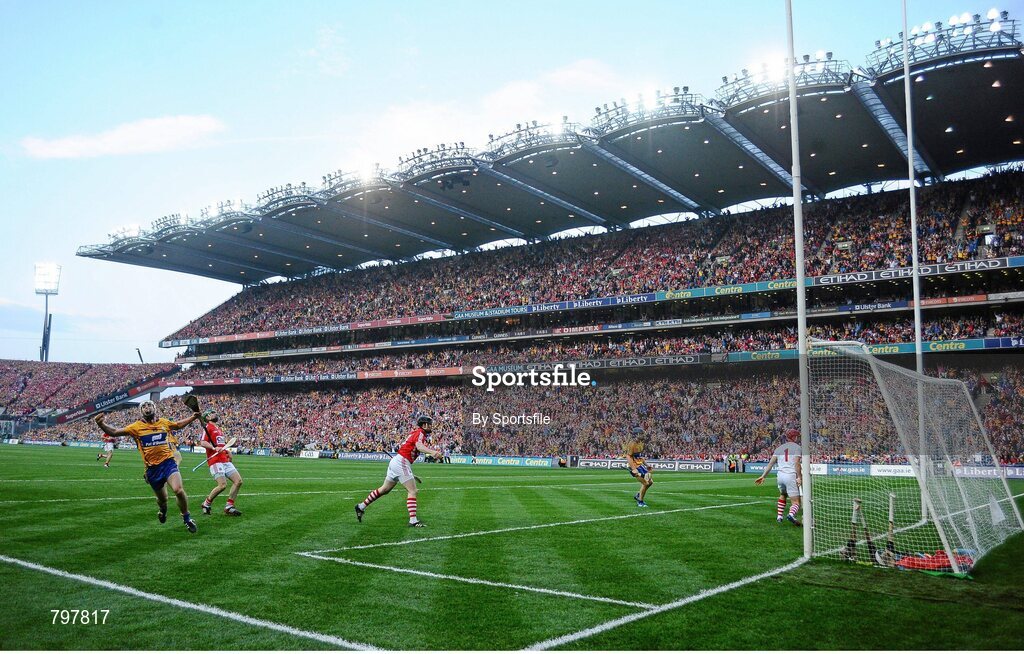 28 September 2013; Conor McGrath, Clare, celebrates after scoring his side's fourth goal. GAA Hurling All-Ireland Senior Championship Final Replay, Cork v Clare, Croke Park, Dublin. Photo by Sportsfile