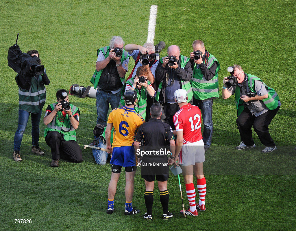 28 September 2013; Clare captain Patrick Donnellan and Cork captain Pa Cronin, shake hands after the coin toss. GAA Hurling All-Ireland Senior Championship Final Replay, Cork v Clare, Croke Park, Dublin. Picture credit: Daire Brennan / SPORTSFILE