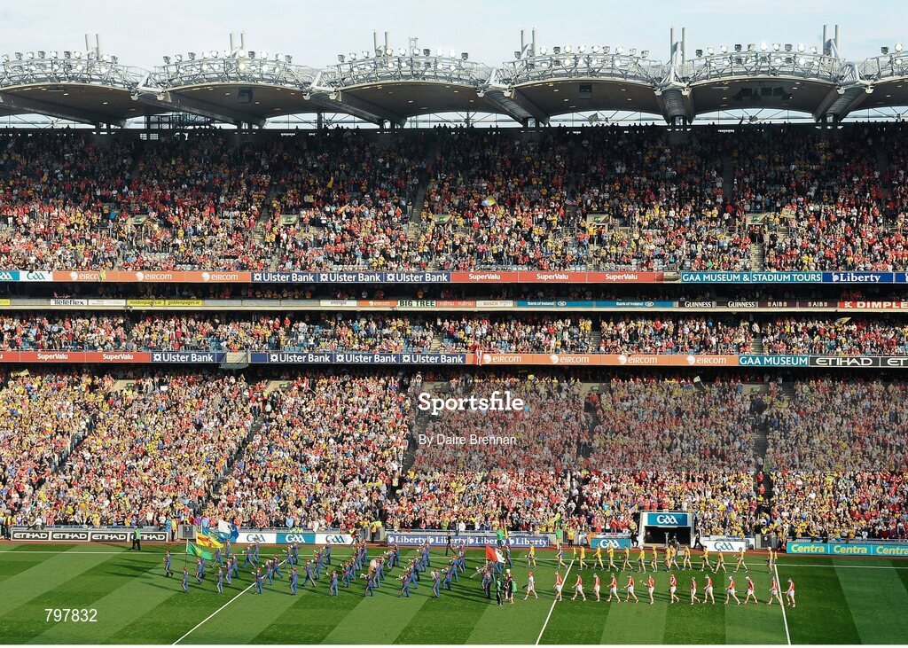 28 September 2013; The Cork and Clare teams parade behind the Artane School of Music Band before the game. GAA Hurling All-Ireland Senior Championship Final Replay, Cork v Clare, Croke Park, Dublin. Picture credit: Daire Brennan / SPORTSFILE