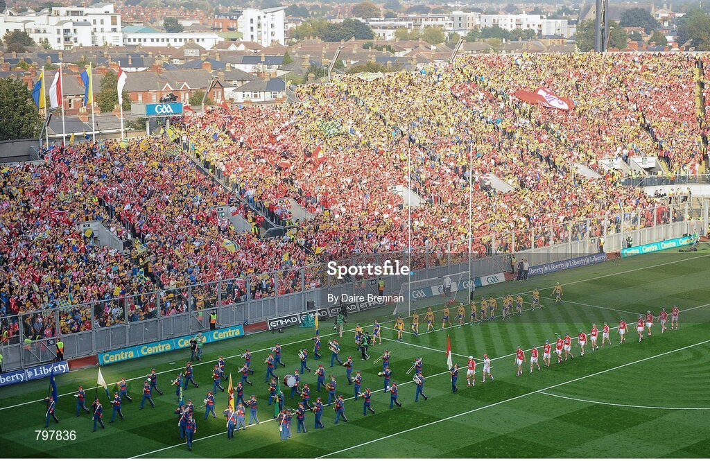 28 September 2013; The Cork and Clare teams parade behind the Artane School of Music Band before the game. GAA Hurling All-Ireland Senior Championship Final Replay, Cork v Clare, Croke Park, Dublin. Picture credit: Daire Brennan / SPORTSFILE