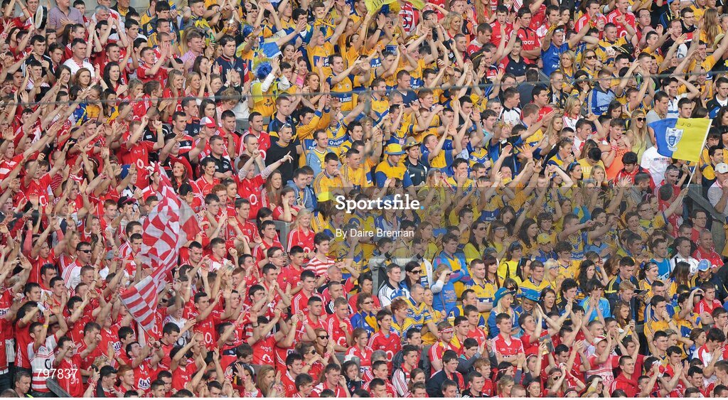 28 September 2013; Supporters of both teams cheer during the game. GAA Hurling All-Ireland Senior Championship Final Replay, Cork v Clare, Croke Park, Dublin. Picture credit: Daire Brennan / SPORTSFILE