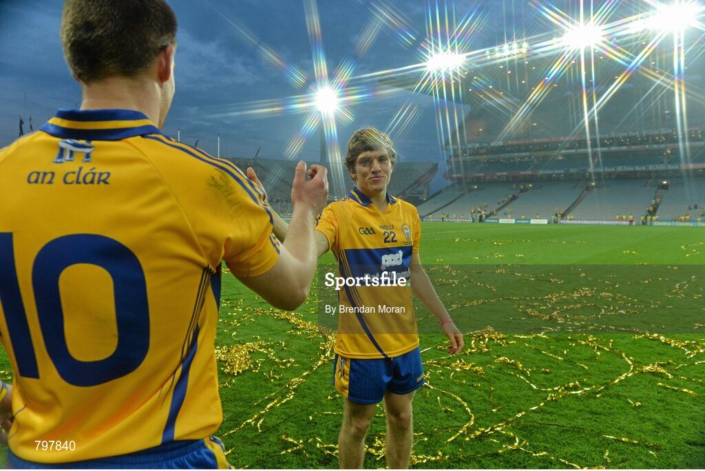 28 September 2013; Shane O'Donnell, Clare, celebrates with team-mate John Conlon, left, after the game. GAA Hurling All-Ireland Senior Championship Final Replay, Cork v Clare, Croke Park, Dublin. Picture credit: Brendan Moran / SPORTSFILE