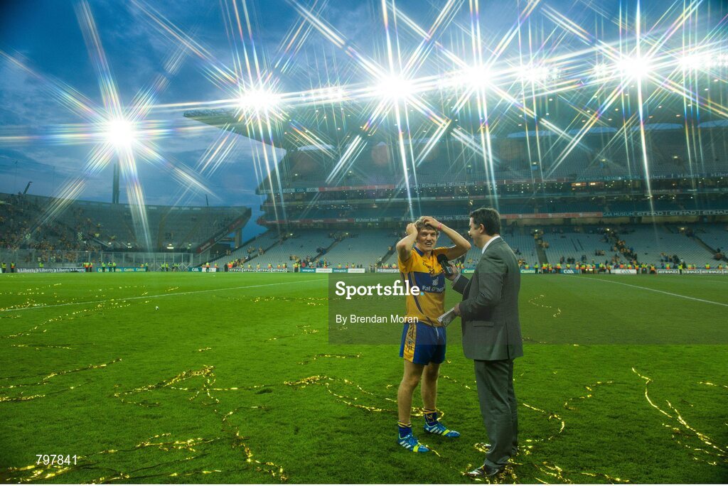 28 September 2013; Hat-trick goalscorer Shane O'Donnell, Clare, is interviewed by Paul Collins of Today FM out on the pitch after the game. GAA Hurling All-Ireland Senior Championship Final Replay, Cork v Clare, Croke Park, Dublin. Picture credit: Brendan Moran / SPORTSFILE