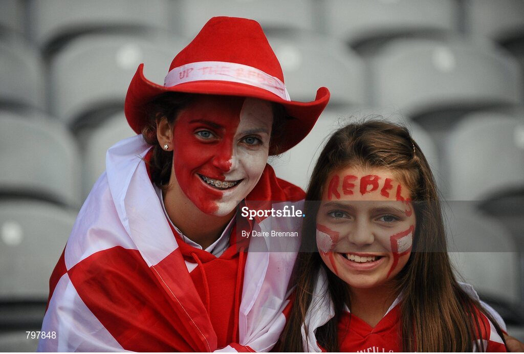 28 September 2013; Clodagh Coughlan, left, aged 15, with her sister Orla, aged 12, from Blackrock, Co. Cork, before the game. GAA Hurling All-Ireland Senior Championship Final Replay, Cork v Clare, Croke Park, Dublin. Picture credit: Daire Brennan / SPORTSFILE