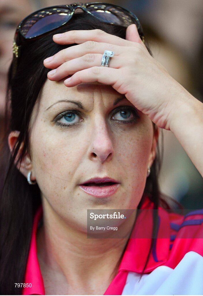 28 September 2013; Cork supporter Lisa O'Donoghue, from Millstreet, reacts to a missed scoring chance during the game. GAA Hurling All-Ireland Senior Championship Final Replay, Cork v Clare, Croke Park, Dublin. Picture credit: Barry Cregg / SPORTSFILE
