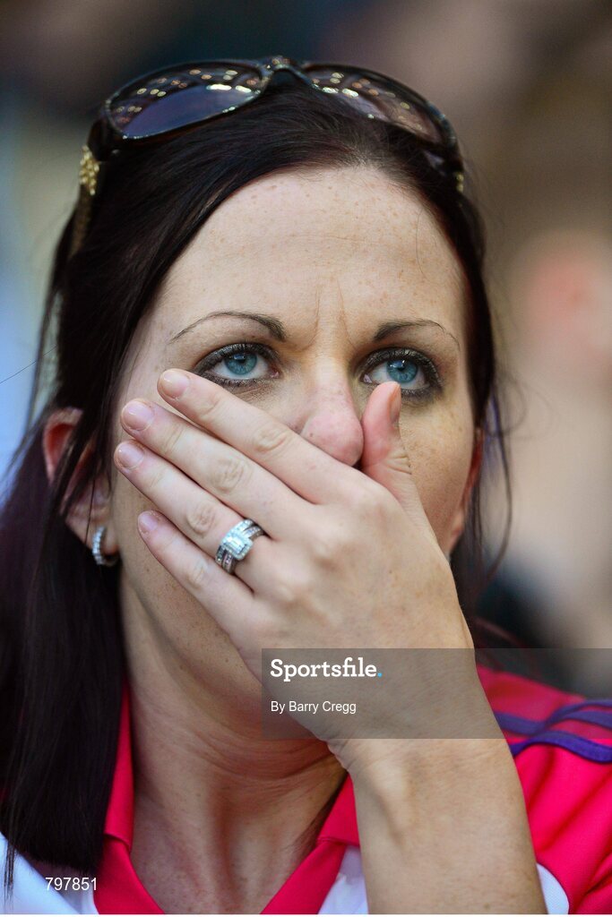 28 September 2013; Cork supporter Lisa O'Donoghue, from Millstreet, reacts to a missed scoring chance during the game. GAA Hurling All-Ireland Senior Championship Final Replay, Cork v Clare, Croke Park, Dublin. Picture credit: Barry Cregg / SPORTSFILE