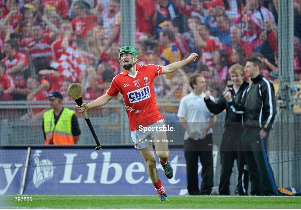 28 September 2013; Seamus Harnedy, Cork, celebrates after scoring his side's second goal. GAA Hurling All-Ireland Senior Championship Final Replay, Cork v Clare, Croke Park, Dublin. Picture credit: Brendan Moran / SPORTSFILE