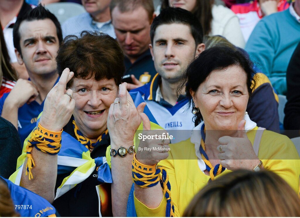 28 September 2013; Clare supporters Mary McGill and Noreen Nugent, from Scarriff, keep their fingers crossed during half time. GAA Hurling All-Ireland Senior Championship Final Replay, Cork v Clare, Croke Park, Dublin. Picture credit: Ray McManus / SPORTSFILE