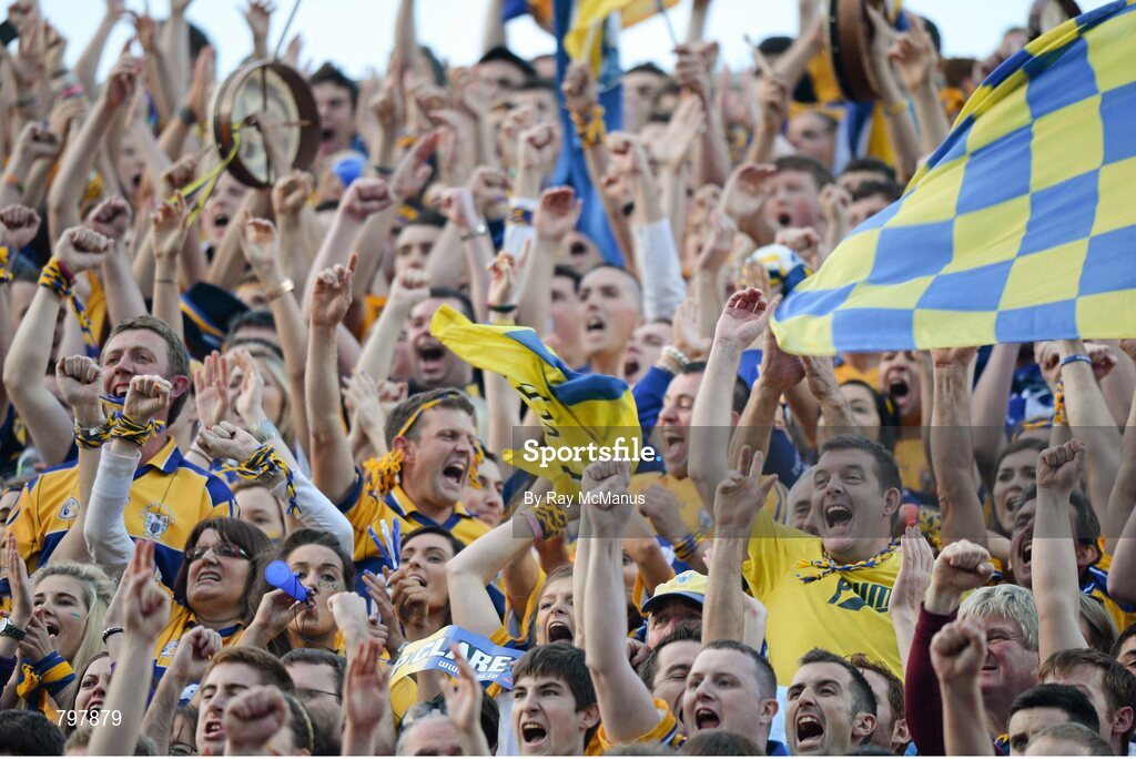 28 September 2013; Clare supporters, on Hill 16, celebrate a late score. GAA Hurling All-Ireland Senior Championship Final Replay, Cork v Clare, Croke Park, Dublin. Picture credit: Ray McManus / SPORTSFILE