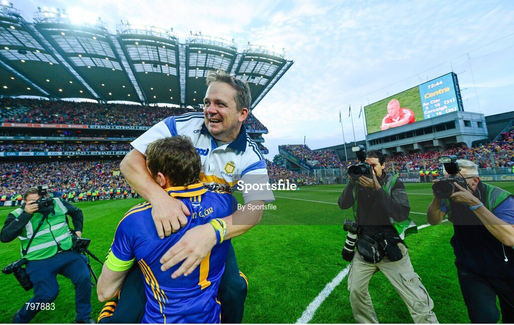 28 September 2013; Clare manager Davy Fitzgerald celebrates with Clare goalkeeper Patrick kelly after the game. GAA Hurling All-Ireland Senior Championship Final Replay, Cork v Clare, Croke Park, Dublin. Photo by Sportsfile