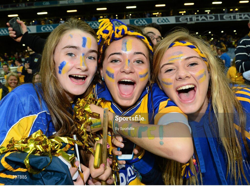 28 September 2013; Clare supporters, from left, Emer Mooney, Rachel and Sarah O'Connor, all from Ogonnelloe, Co. Clare, celebrate after the game. GAA Hurling All-Ireland Senior Championship Final Replay, Cork v Clare, Croke Park, Dublin. Photo by Sportsfile