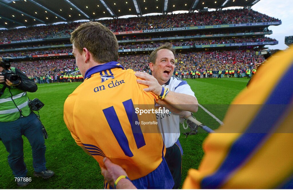 28 September 2013; Clare manager Davy Fitzgerald celebrates with Tony Kelly after the game. GAA Hurling All-Ireland Senior Championship Final Replay, Cork v Clare, Croke Park, Dublin. Photo by Sportsfile