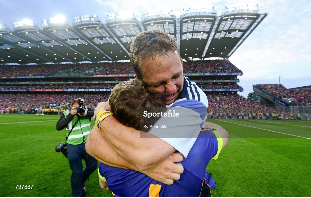 28 September 2013; Clare manager Davy Fitzgerald celebrates with Clare goalkeeper Patrick Kelly after the game. GAA Hurling All-Ireland Senior Championship Final Replay, Cork v Clare, Croke Park, Dublin. Photo by Sportsfile