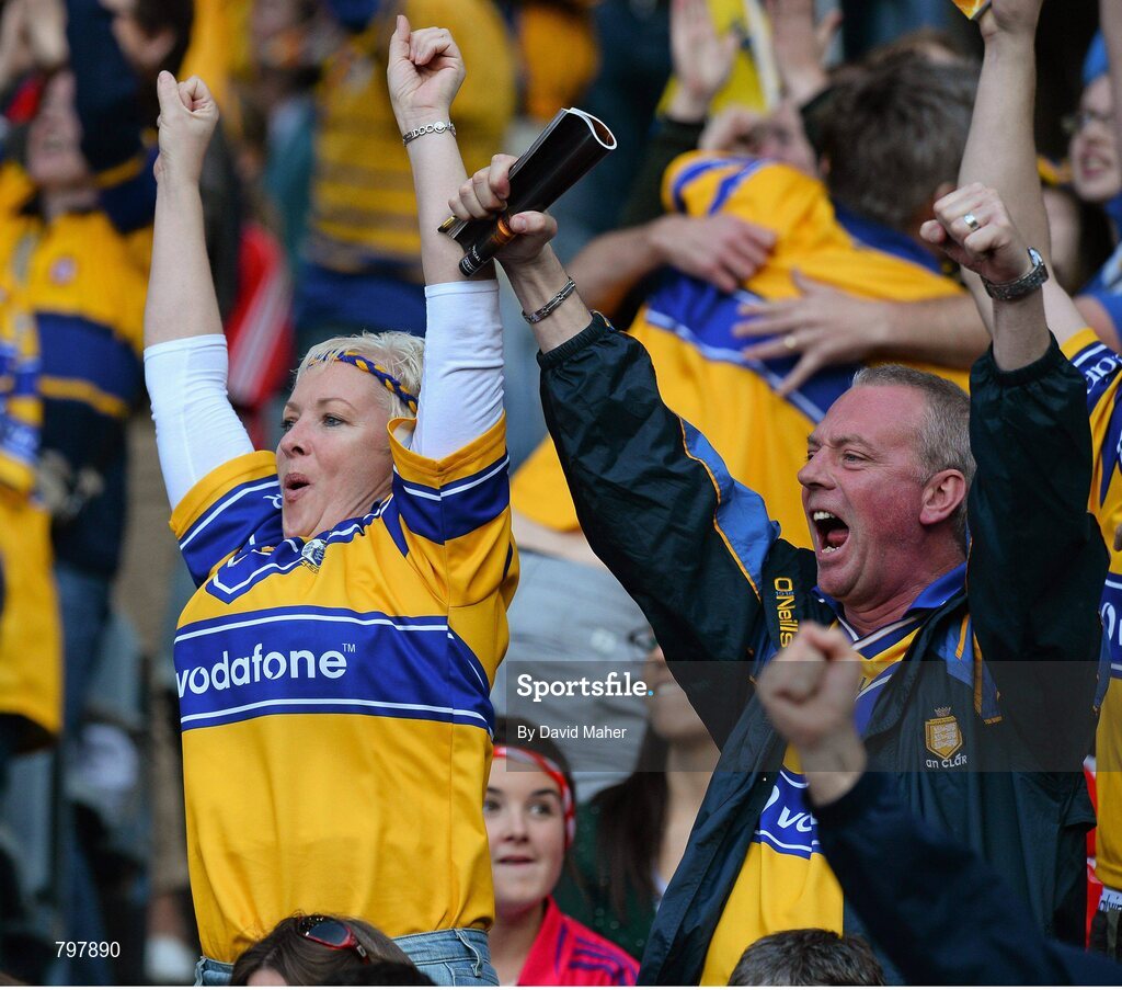 28 September 2013; Clare supporters celebrate during the game. GAA Hurling All-Ireland Senior Championship Final Replay, Cork v Clare, Croke Park, Dublin. Picture credit: David Maher / SPORTSFILE