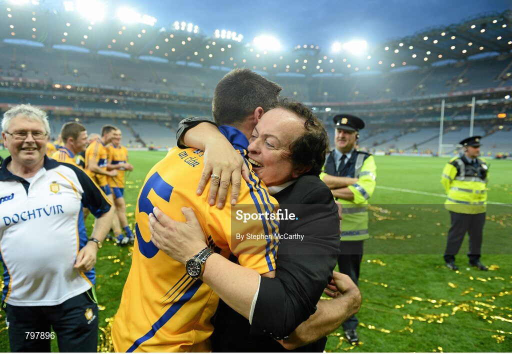 28 September 2013; Broadcaster Marty Morrissey celebrates Clare's victory with Brendan Bugler. GAA Hurling All-Ireland Senior Championship Final Replay, Cork v Clare, Croke Park, Dublin. Picture credit: Stephen McCarthy / SPORTSFILE