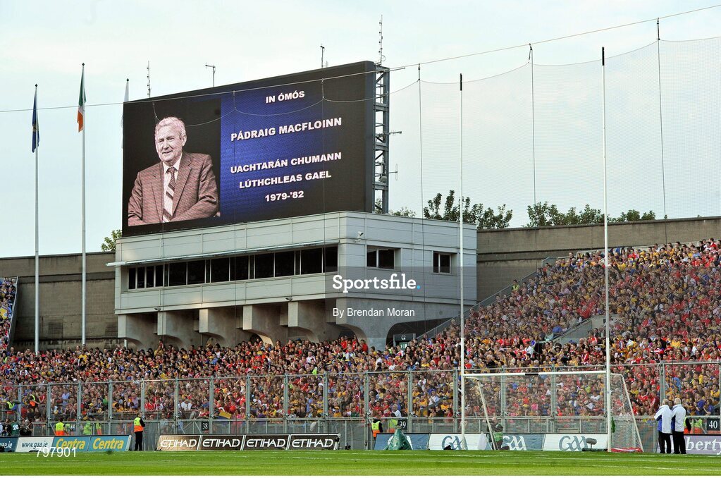 28 September 2013; Patrons stand for a minute silence in memory of the late Paddy McFlynn, former President of the GAA. GAA Hurling All-Ireland Senior Championship Final Replay, Cork v Clare, Croke Park, Dublin. Picture credit: Brendan Moran / SPORTSFILE
