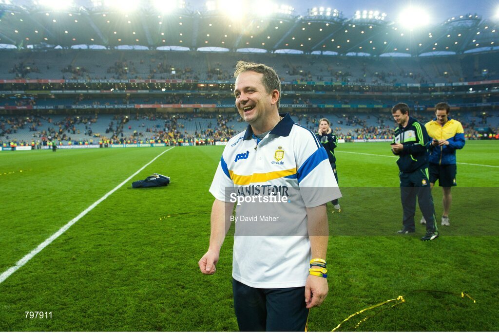 28 September 2013; Clare manager Davy Fitzgerald  celebrates at the end of the game. GAA Hurling All-Ireland Senior Championship Final Replay, Cork v Clare, Croke Park, Dublin. Picture credit: David Maher / SPORTSFILE