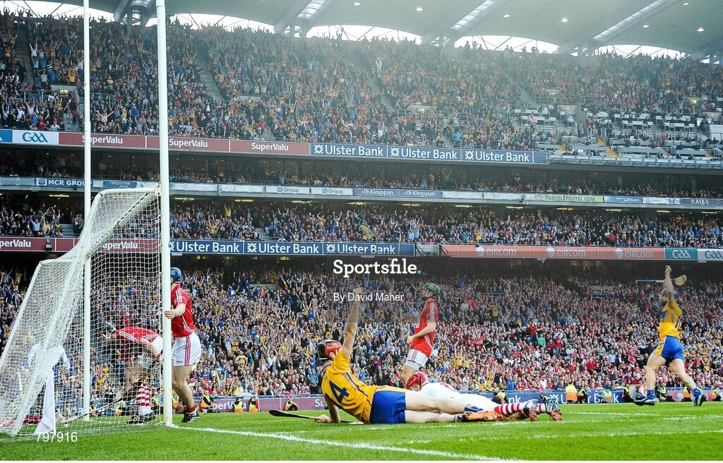 28 September 2013; Darach Honan, 14, Clare, celebrates after beating Cork goalkeeper Anthony Nash to score his side's fourth goal. GAA Hurling All-Ireland Senior Championship Final Replay, Cork v Clare, Croke Park, Dublin. Picture credit: David Maher / SPORTSFILE