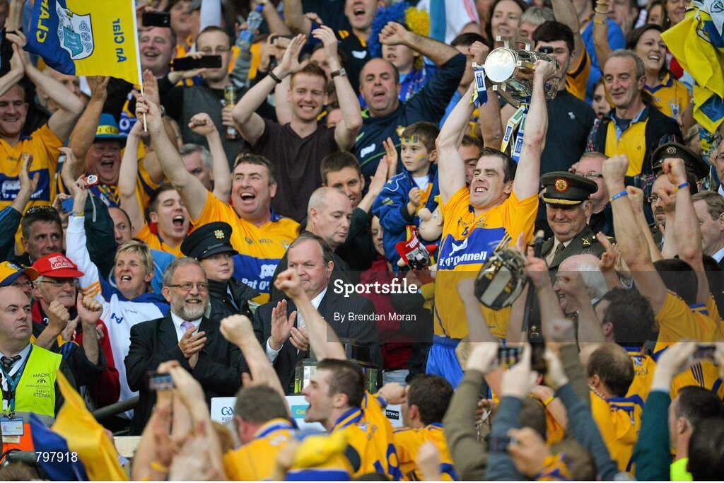 28 September 2013; Clare captain Patrick Donnellan lifts the Liam MacCarthy cup after the game. GAA Hurling All-Ireland Senior Championship Final Replay, Cork v Clare, Croke Park, Dublin. Picture credit: Brendan Moran / SPORTSFILE