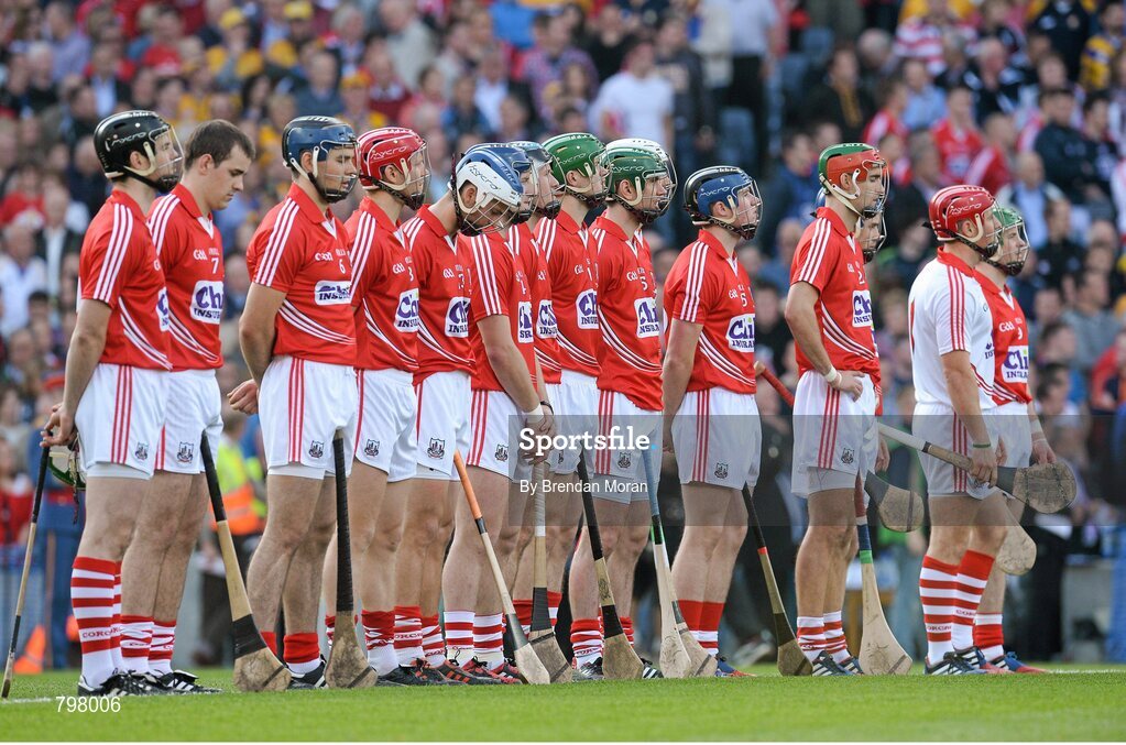 28 September 2013; The Cork team stand for a minute silence in memory of the late Paddy McFlynn, former President of the GAA. GAA Hurling All-Ireland Senior Championship Final Replay, Cork v Clare, Croke Park, Dublin. Picture credit: Brendan Moran / SPORTSFILE