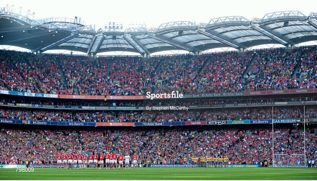28 September 2013; A general view of Croke Park as the Cork and Clare teams lineup during the National Anthem. GAA Hurling All-Ireland Senior Championship Final Replay, Cork v Clare, Croke Park, Dublin. Picture credit: Stephen McCarthy / SPORTSFILE