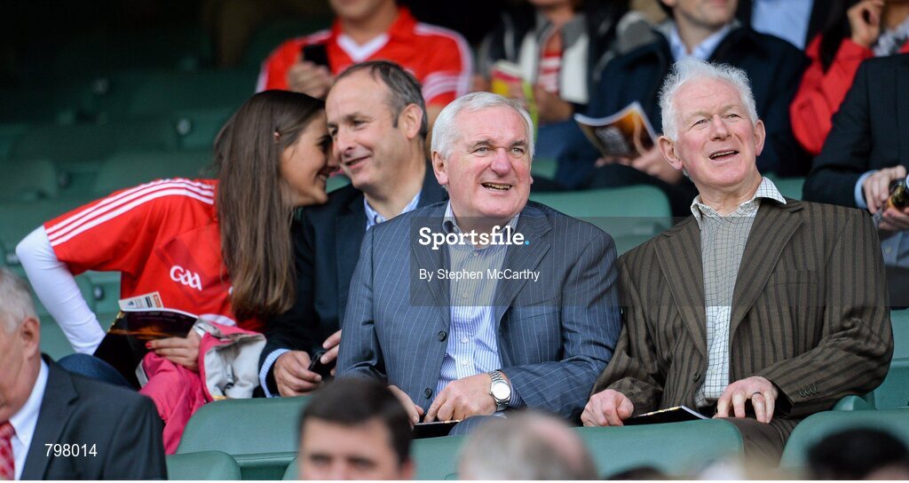 28 September 2013; Former Taoiseach Bertie Ahern and his brother Maurice, right, await the start of the game seated in front of Micheál Martin T.D. leader of Fianna Fáil, and his daughter Aoibhe. GAA Hurling All-Ireland Senior Championship Final Replay, Cork v Clare, Croke Park, Dublin. Picture credit: Stephen McCarthy / SPORTSFILE