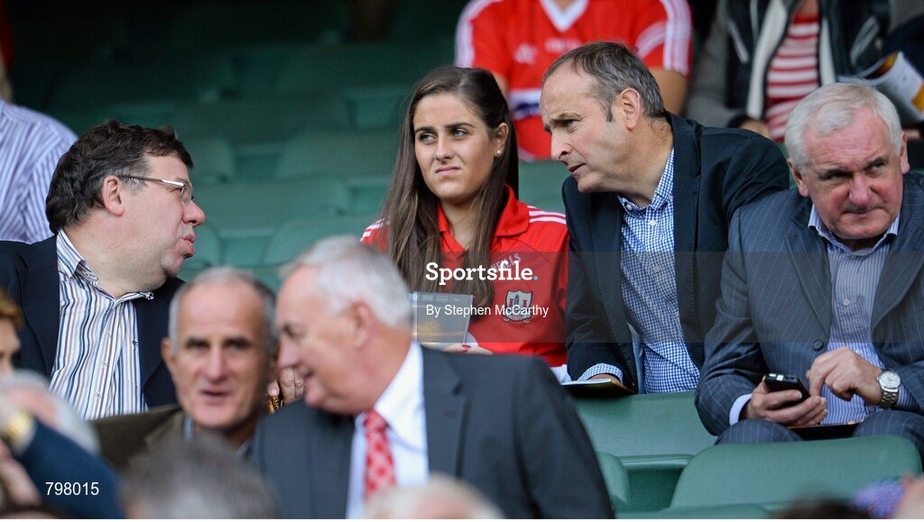 28 September 2013; Micheál Martin T.D. leader of Fianna Fáil, and his daughter Aoibhe, in conversation with former Taoiseach Brian Cowen, left. Also pictured is former Taoiseach Bertie Ahern, right. GAA Hurling All-Ireland Senior Championship Final Replay, Cork v Clare, Croke Park, Dublin. Picture credit: Stephen McCarthy / SPORTSFILE