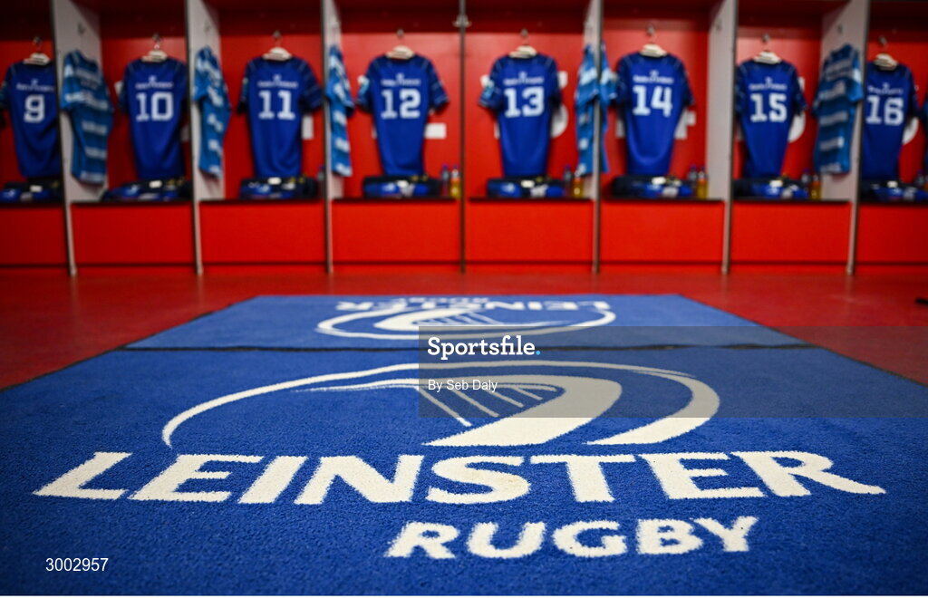 29 November 2024; A general view of Leinster branding in the dressing room before the United Rugby Championship match between Ulster and Leinster at Kingspan Stadium in Belfast. Photo by Seb Daly/Sportsfile