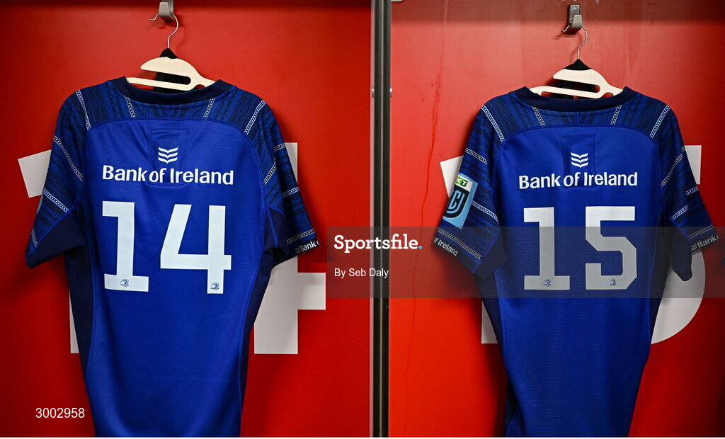 29 November 2024; The jerseys of Leinster players Jordan Larmour, left, and Jimmy O’Brien hang in the dressing room before the United Rugby Championship match between Ulster and Leinster at Kingspan Stadium in Belfast. Photo by Seb Daly/Sportsfile