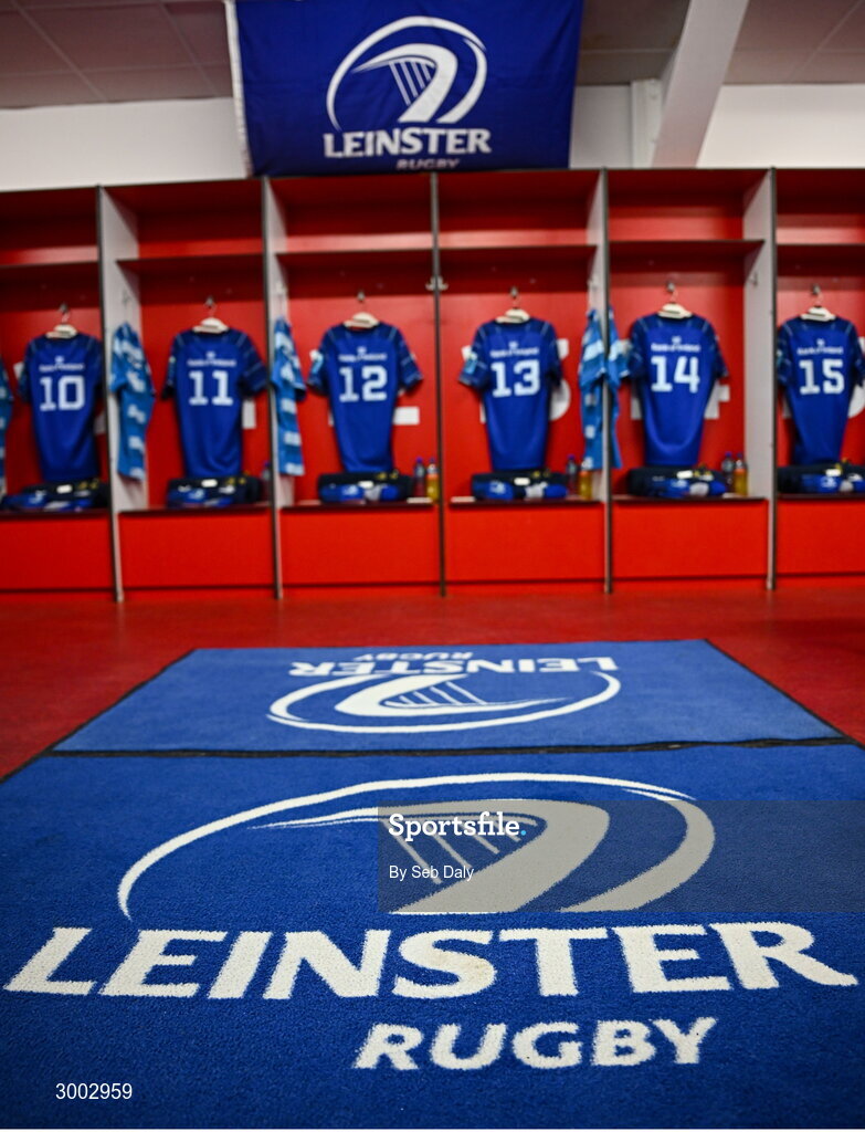 29 November 2024; A general view of Leinster branding in the dressing room before the United Rugby Championship match between Ulster and Leinster at Kingspan Stadium in Belfast. Photo by Seb Daly/Sportsfile