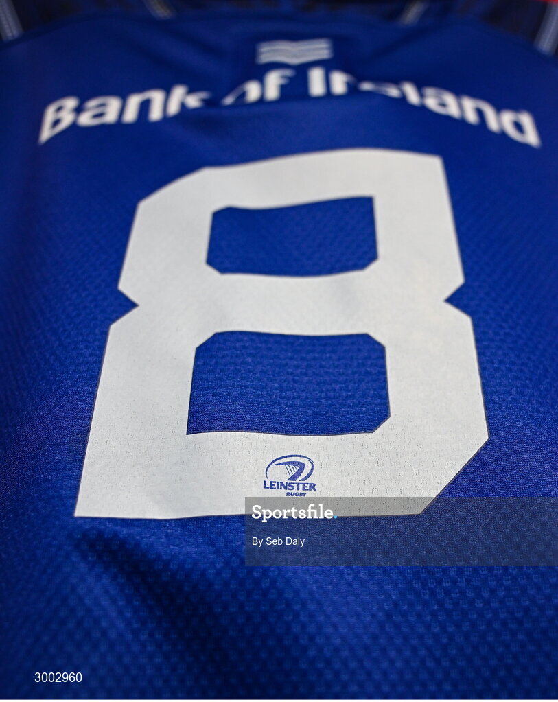 29 November 2024; A detailed view of the jersey of Leinster's Jack Conan hanging in the dressing room before the United Rugby Championship match between Ulster and Leinster at Kingspan Stadium in Belfast. Photo by Seb Daly/Sportsfile