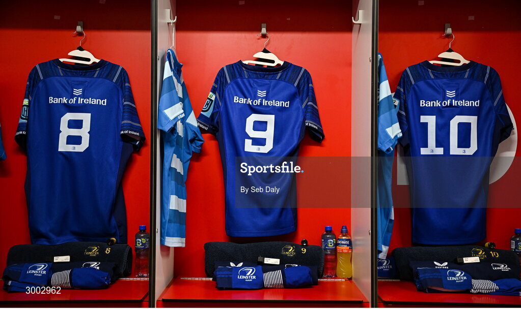 29 November 2024; The jerseys of Leinster players, from left, Jack Conan, Luke McGrath and Ross Byrne hang in the dressing room before the United Rugby Championship match between Ulster and Leinster at Kingspan Stadium in Belfast. Photo by Seb Daly/Sportsfile