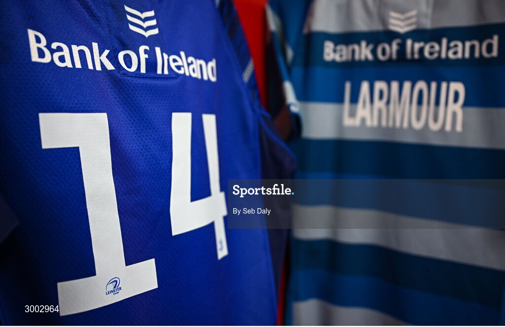 29 November 2024; The jerseys of Leinster's Jordan Larmour hangs in the dressing room before the United Rugby Championship match between Ulster and Leinster at Kingspan Stadium in Belfast. Photo by Seb Daly/Sportsfile