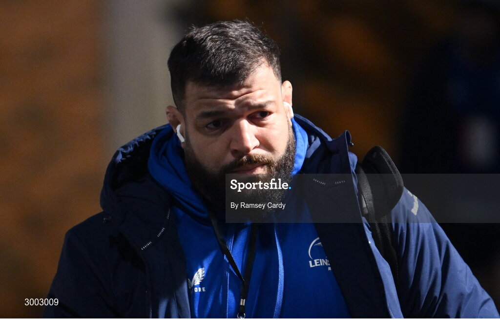 29 November 2024; Rabah Slimani of Leinster before the United Rugby Championship match between Ulster and Leinster at Kingspan Stadium in Belfast. Photo by Ramsey Cardy/Sportsfile