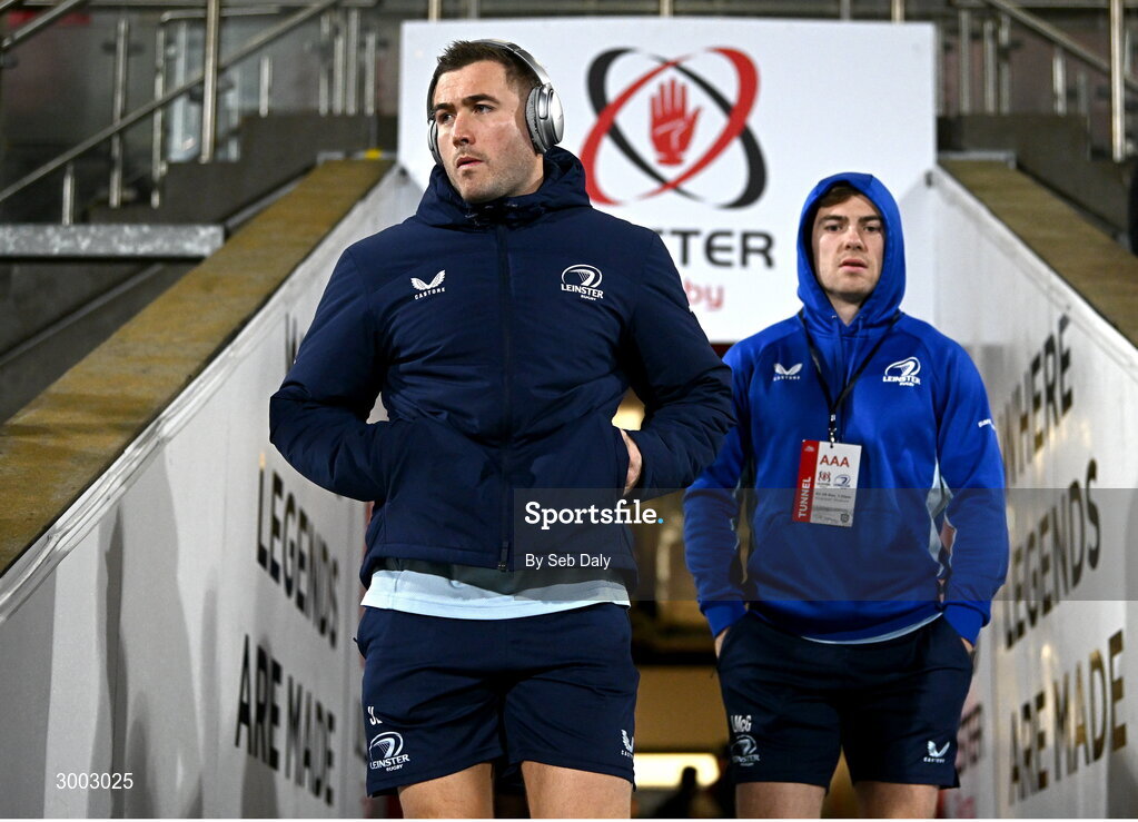 29 November 2024; Leinster players Jordan Larmour, left, and Luke McGrath before the United Rugby Championship match between Ulster and Leinster at Kingspan Stadium in Belfast. Photo by Seb Daly/Sportsfile