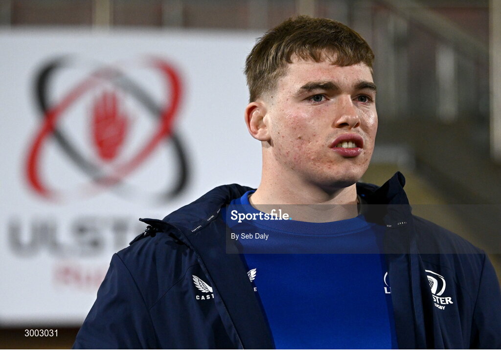 29 November 2024; Diarmuid Mangan of Leinster before the United Rugby Championship match between Ulster and Leinster at Kingspan Stadium in Belfast. Photo by Seb Daly/Sportsfile
