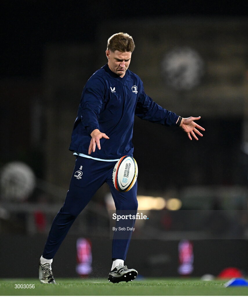 29 November 2024; Jordie Barrett of Leinster before the United Rugby Championship match between Ulster and Leinster at Kingspan Stadium in Belfast. Photo by Seb Daly/Sportsfile