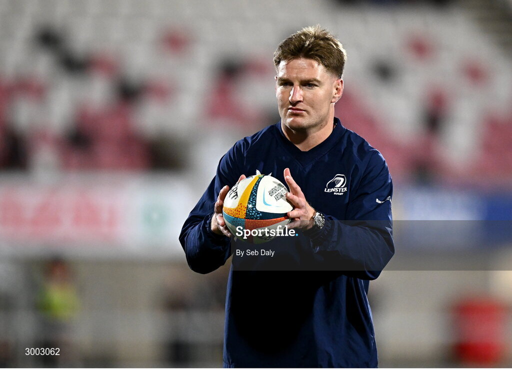 29 November 2024; Jordie Barrett of Leinster before the United Rugby Championship match between Ulster and Leinster at Kingspan Stadium in Belfast. Photo by Seb Daly/Sportsfile