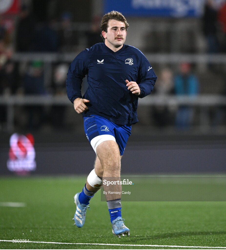 29 November 2024; John McKee of Leinster before the United Rugby Championship match between Ulster and Leinster at Kingspan Stadium in Belfast. Photo by Ramsey Cardy/Sportsfile