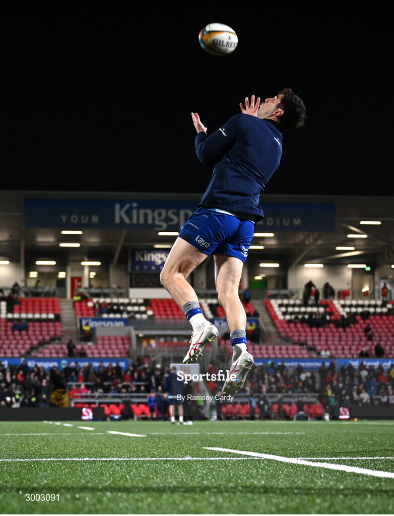 29 November 2024; Jimmy O'Brien of Leinster before the United Rugby Championship match between Ulster and Leinster at Kingspan Stadium in Belfast. Photo by Ramsey Cardy/Sportsfile