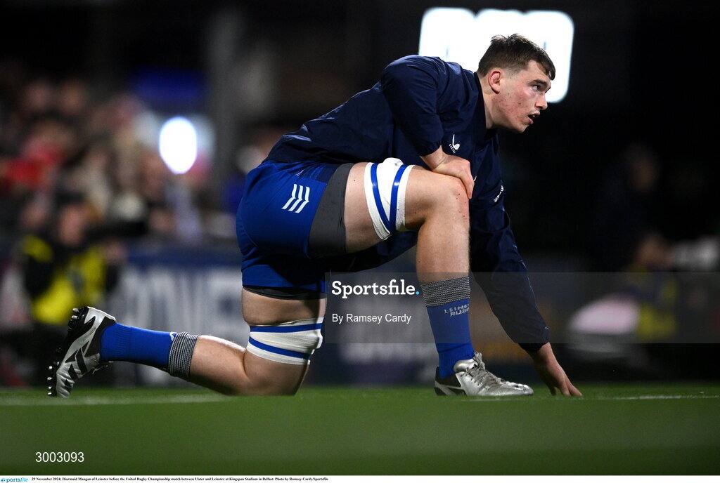 29 November 2024; Diarmuid Mangan of Leinster before the United Rugby Championship match between Ulster and Leinster at Kingspan Stadium in Belfast. Photo by Ramsey Cardy/Sportsfile