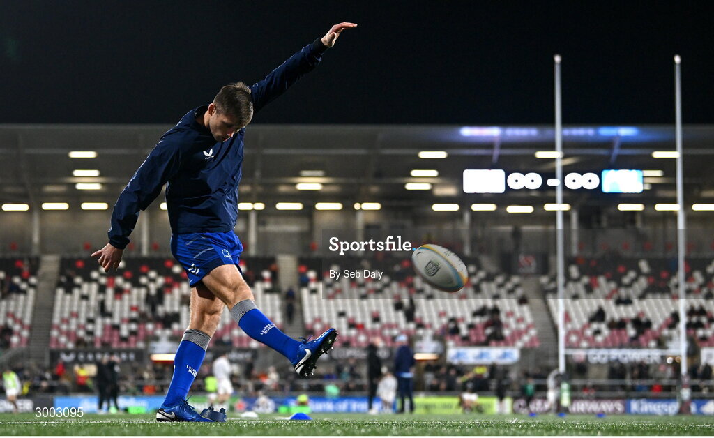 29 November 2024; Ross Byrne of Leinster before the United Rugby Championship match between Ulster and Leinster at Kingspan Stadium in Belfast. Photo by Seb Daly/Sportsfile