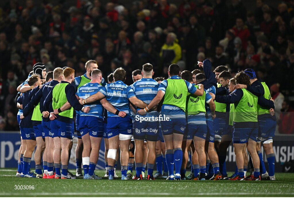 29 November 2024; Leinster players huddle before the United Rugby Championship match between Ulster and Leinster at Kingspan Stadium in Belfast. Photo by Seb Daly/Sportsfile