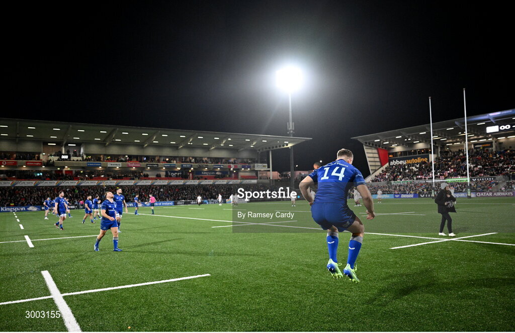 29 November 2024; Jordan Larmour of Leinster during the United Rugby Championship match between Ulster and Leinster at Kingspan Stadium in Belfast. Photo by Ramsey Cardy/Sportsfile