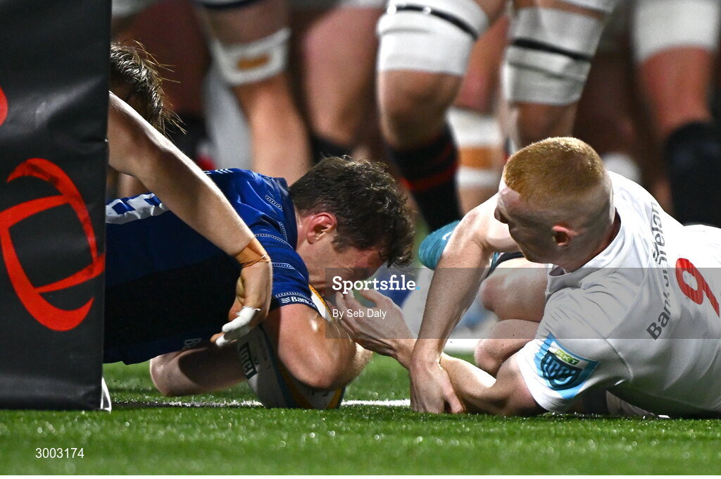 29 November 2024; Luke McGrath of Leinster scores his side's first try during the United Rugby Championship match between Ulster and Leinster at Kingspan Stadium in Belfast. Photo by Seb Daly/Sportsfile