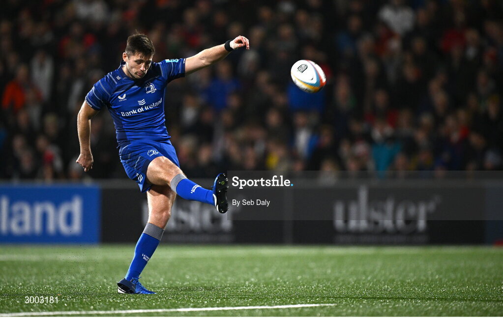 29 November 2024; Ross Byrne of Leinster kicks a conversion during the United Rugby Championship match between Ulster and Leinster at Kingspan Stadium in Belfast. Photo by Seb Daly/Sportsfile