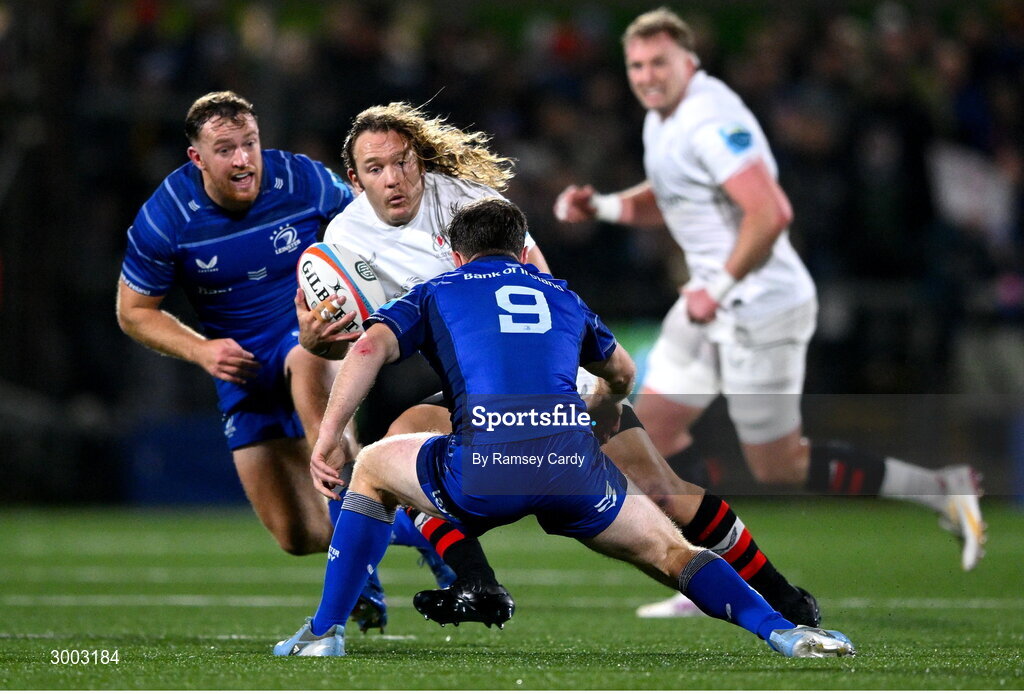 29 November 2024; Werner Kok of Ulster in action against Luke McGrath of Leinster during the United Rugby Championship match between Ulster and Leinster at Kingspan Stadium in Belfast. Photo by Ramsey Cardy/Sportsfile