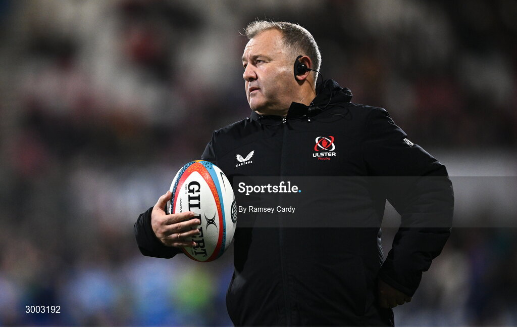 29 November 2024; Ulster head coach Richie Murphy during the United Rugby Championship match between Ulster and Leinster at Kingspan Stadium in Belfast. Photo by Ramsey Cardy/Sportsfile