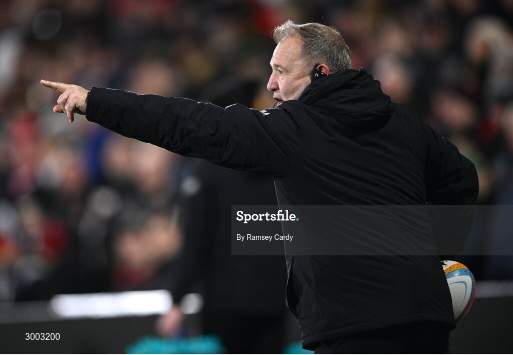 29 November 2024; Ulster head coach Richie Murphy during the United Rugby Championship match between Ulster and Leinster at Kingspan Stadium in Belfast. Photo by Ramsey Cardy/Sportsfile